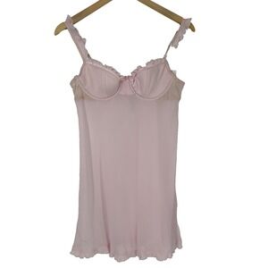 Flora Nikrooz  Womens Mini Gown L‎ Pink Chiffon Babydoll Ruffle Hem Bow Lingerie